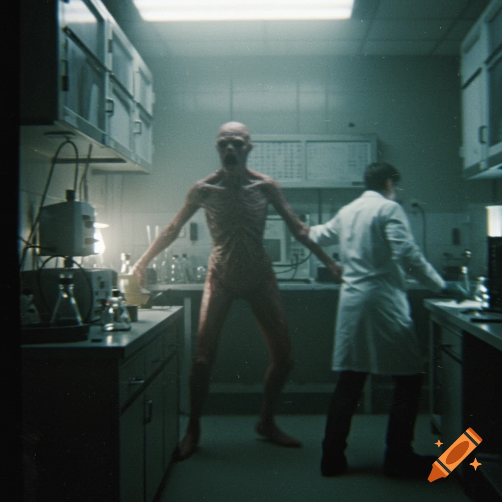Blurry, grainy found footage image of a gaunt creature standing in a laboratory with a person in a lab coat.