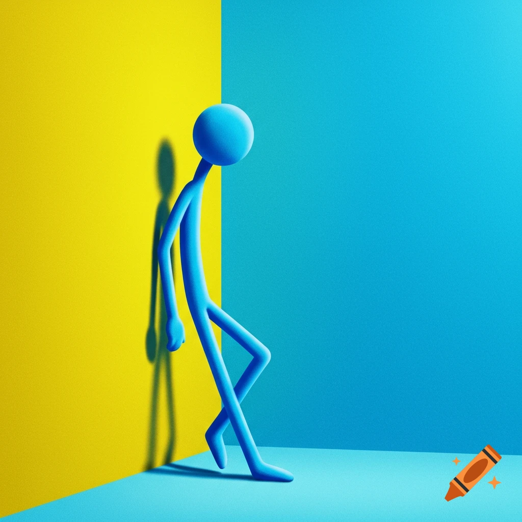 Blue stick figure leaning against a corner where a yellow and blue wall meet.