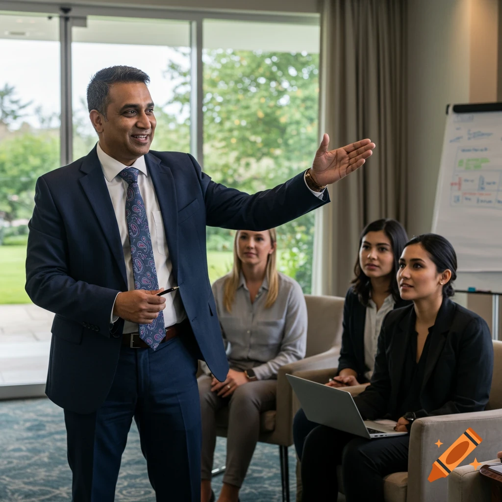Photorealistic image of a man presenting to a group of women in a hotel meeting room.