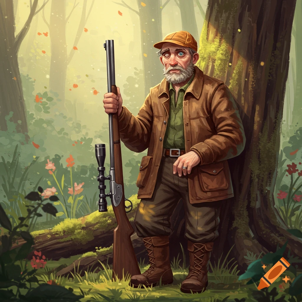 A hunter with a rifle standing in a forest