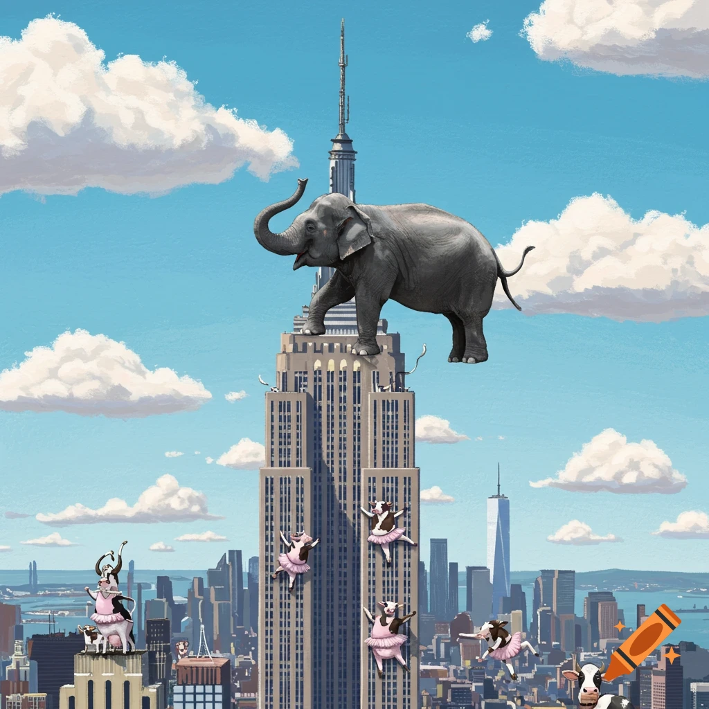 Illustration of an elephant standing on the Empire State Building with cows in tutus floating around in a city skyline.
