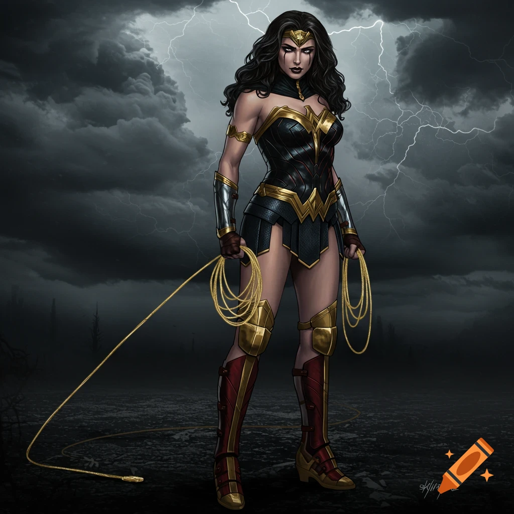 A dark-haired woman in a black and gold superhero costume holds a golden lasso against a stormy sky with lightning.