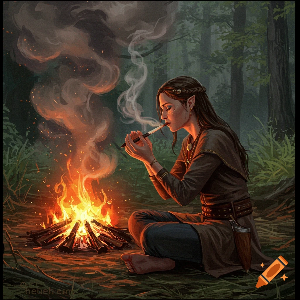 An elf smoking a pipe by a campfire in a forest.