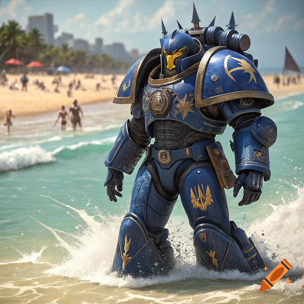 Blue power armored figure stands in the surf on a beach.