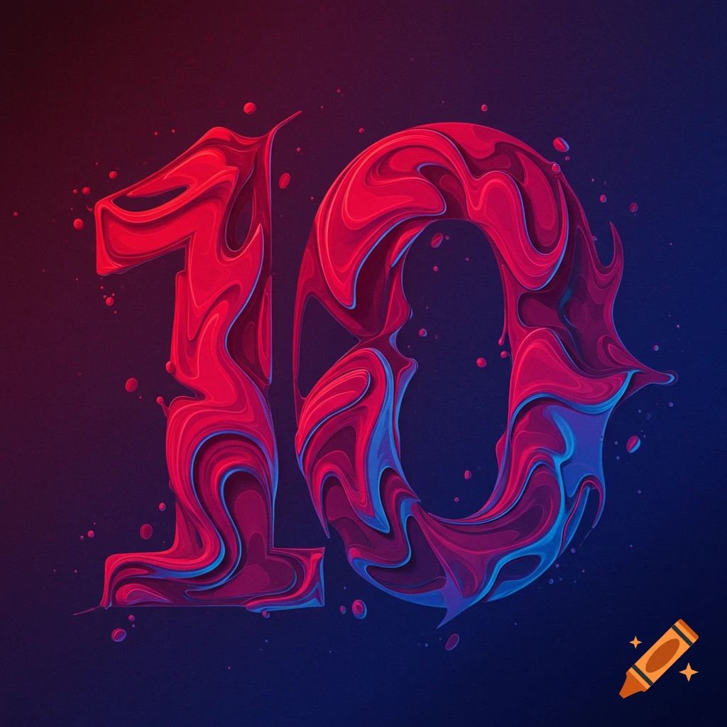 Abstract rendering of the number 10 using swirling red and blue liquid shapes.
