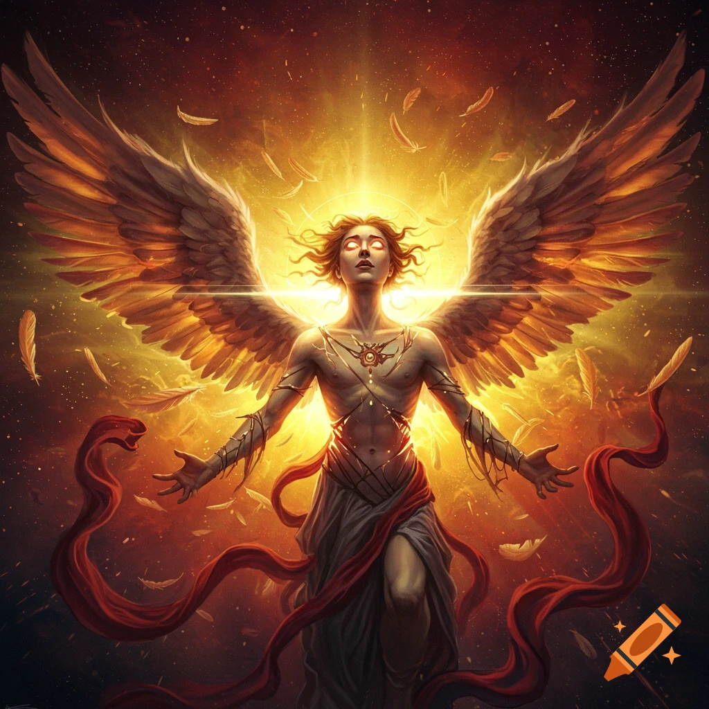 An angel with large glowing wings and a red ribbon is surrounded by golden light and feathers.