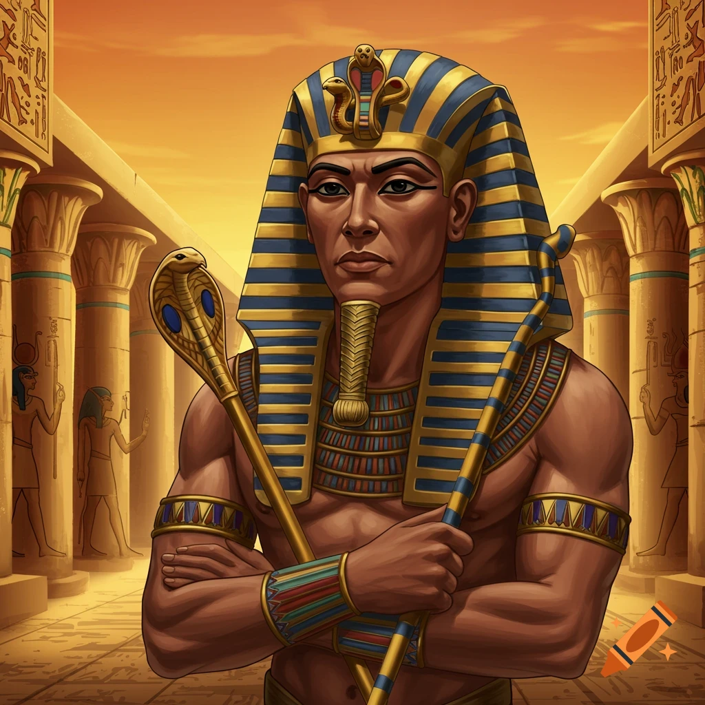 An Egyptian Pharaoh standing in a temple.