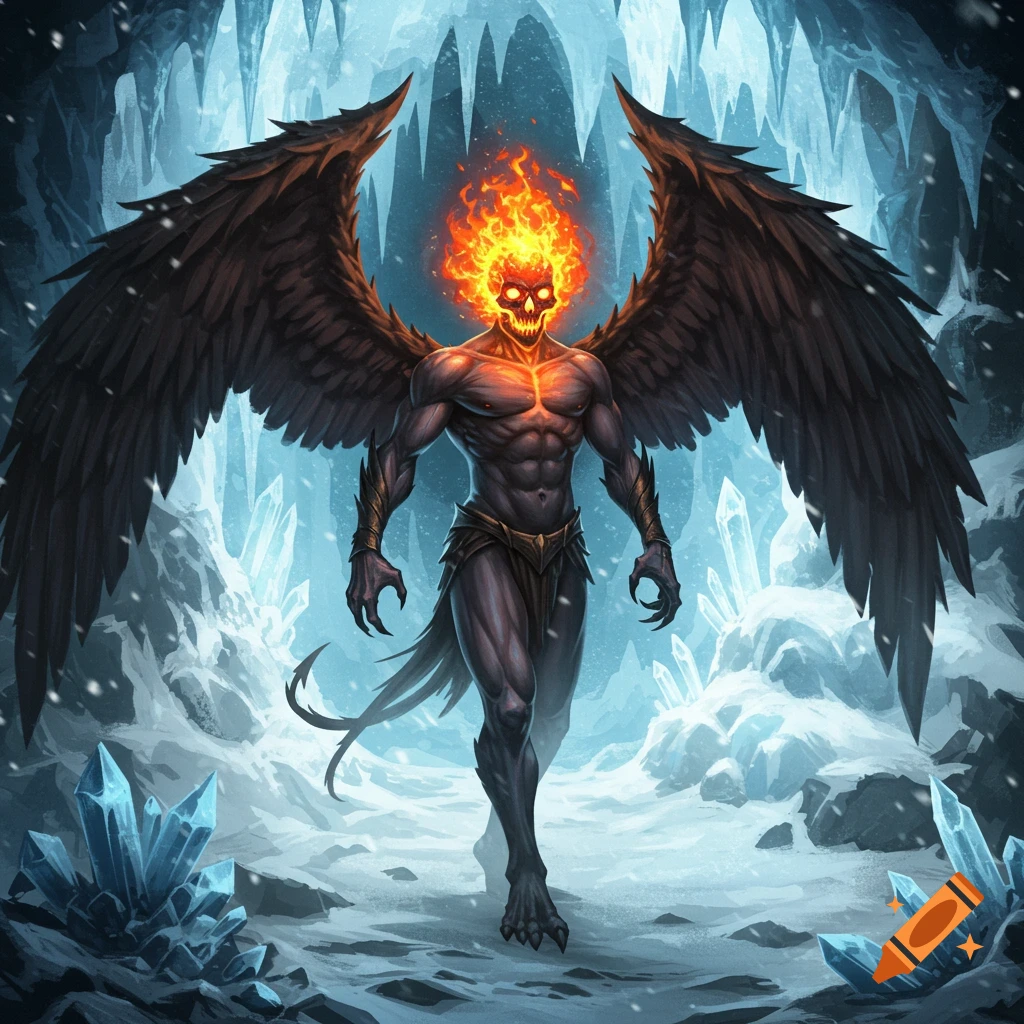 A humanoid villain with a fiery skull head and large wings stands in a snowy cave.