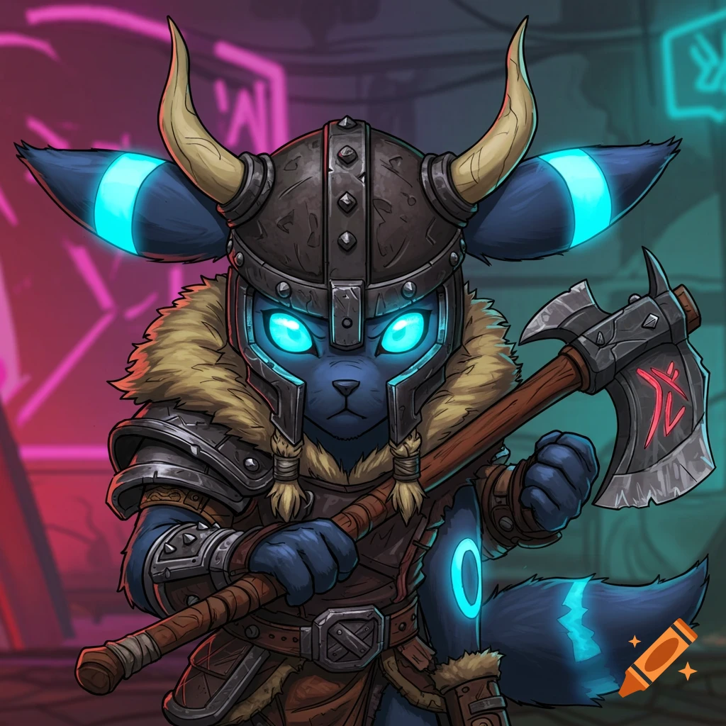 Umbreon as a viking holding an axe in Borderlands style.