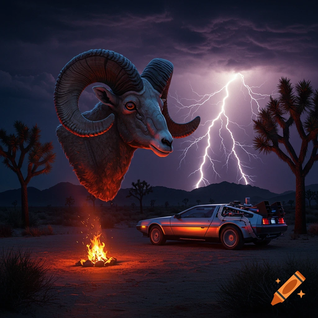 A giant ram head floats over a desert with a DeLorean, campfire, and lightning.