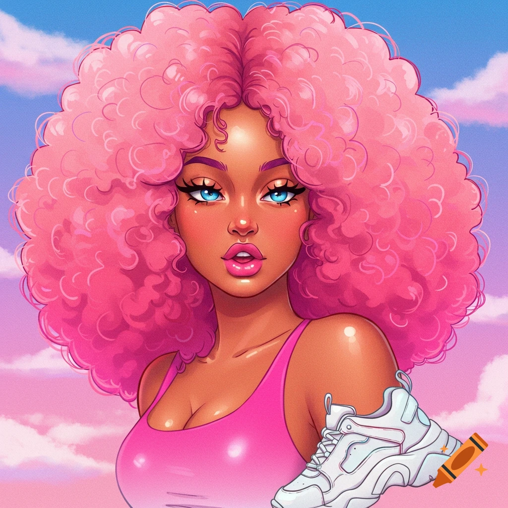 Digital illustration of a woman with bright pink curly hair, wearing a pink tank top, holding a white sneaker against a cloudy pink and blue sky.
