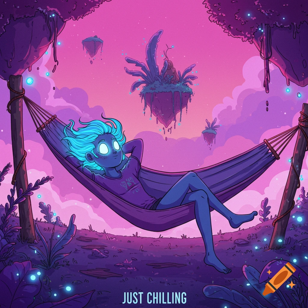 A blue-skinned person with glowing eyes relaxing in a hammock in a vibrant fantasy landscape with floating islands.
