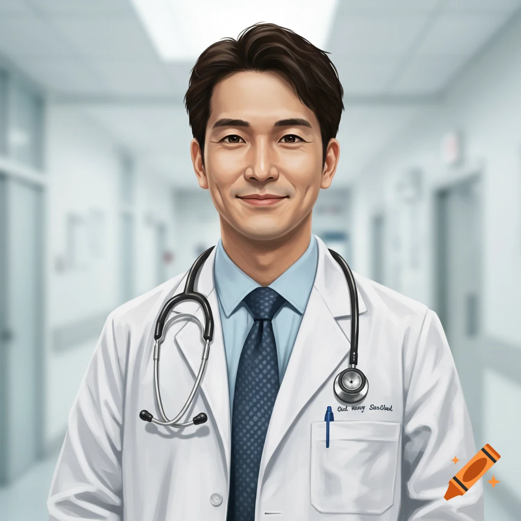 An Asian man dressed as a doctor with a stethoscope in a hospital hallway.