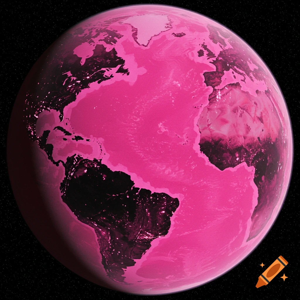Planet Earth, colored pink and black, seen from space.
