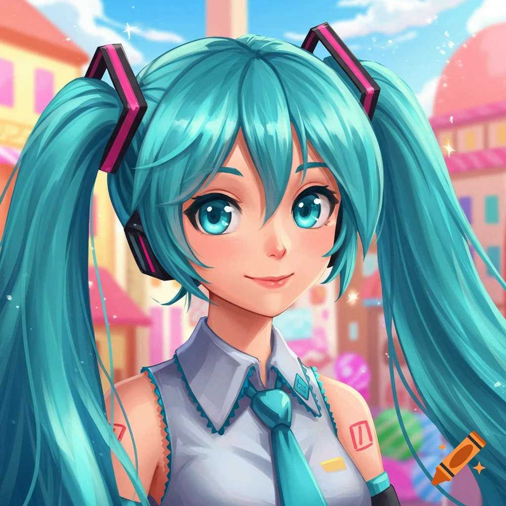 Hatsune Miku with blue twin tails, wearing her signature outfit, smiling.