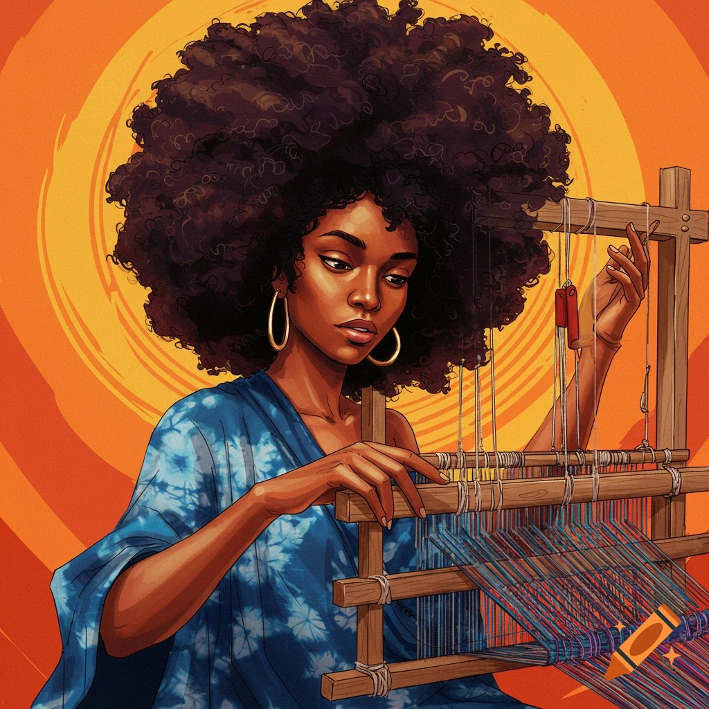 A Black woman with an afro weaving at a loom.
