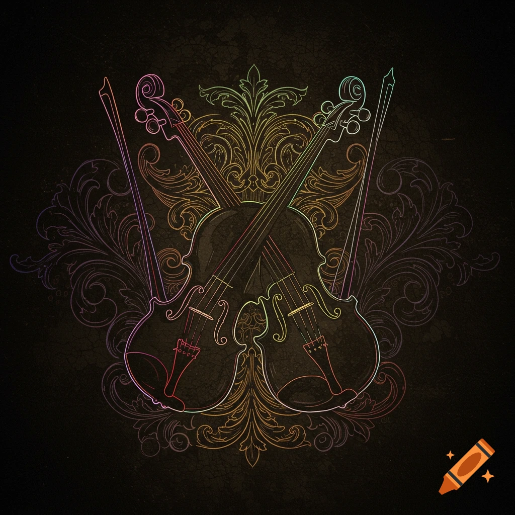 Digital illustration of two crossed violins with colorful outlines over dark baroque ornaments.