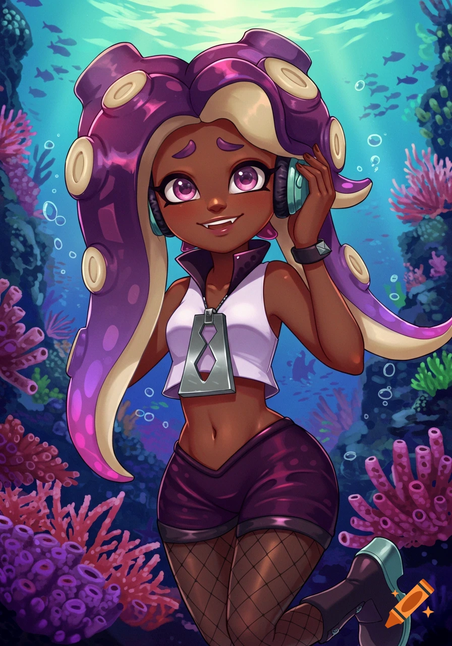 Image of a dark-skinned character resembling Marina from Splatoon with headphones underwater among coral.