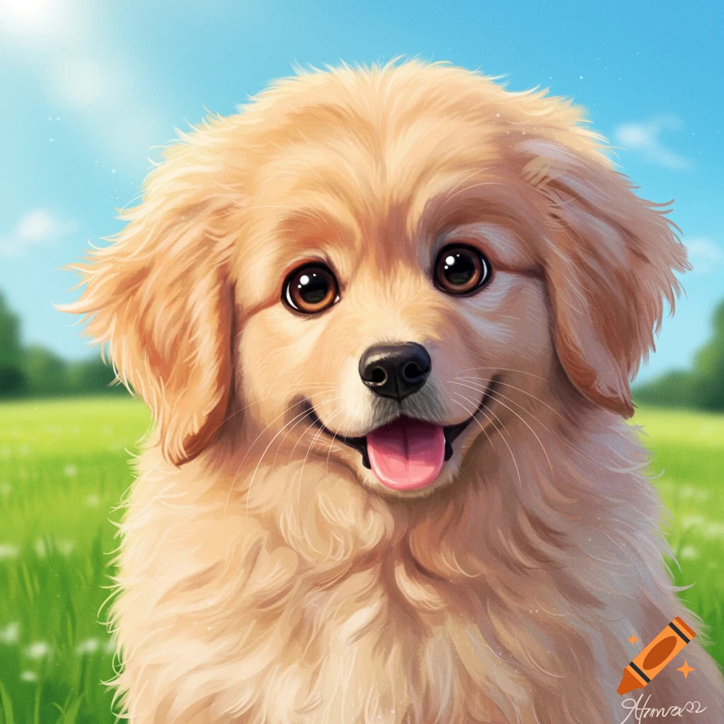 A fluffy puppy in a grassy field.