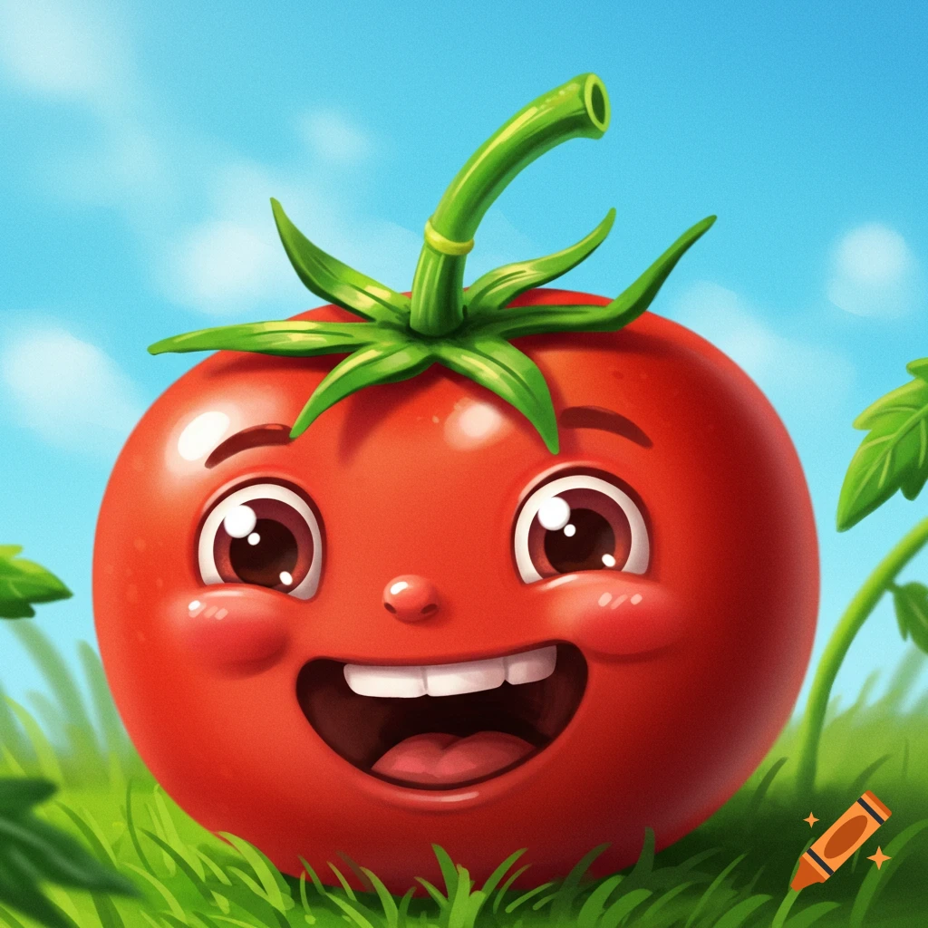 A smiling cartoon tomato is in the grass under a blue sky.