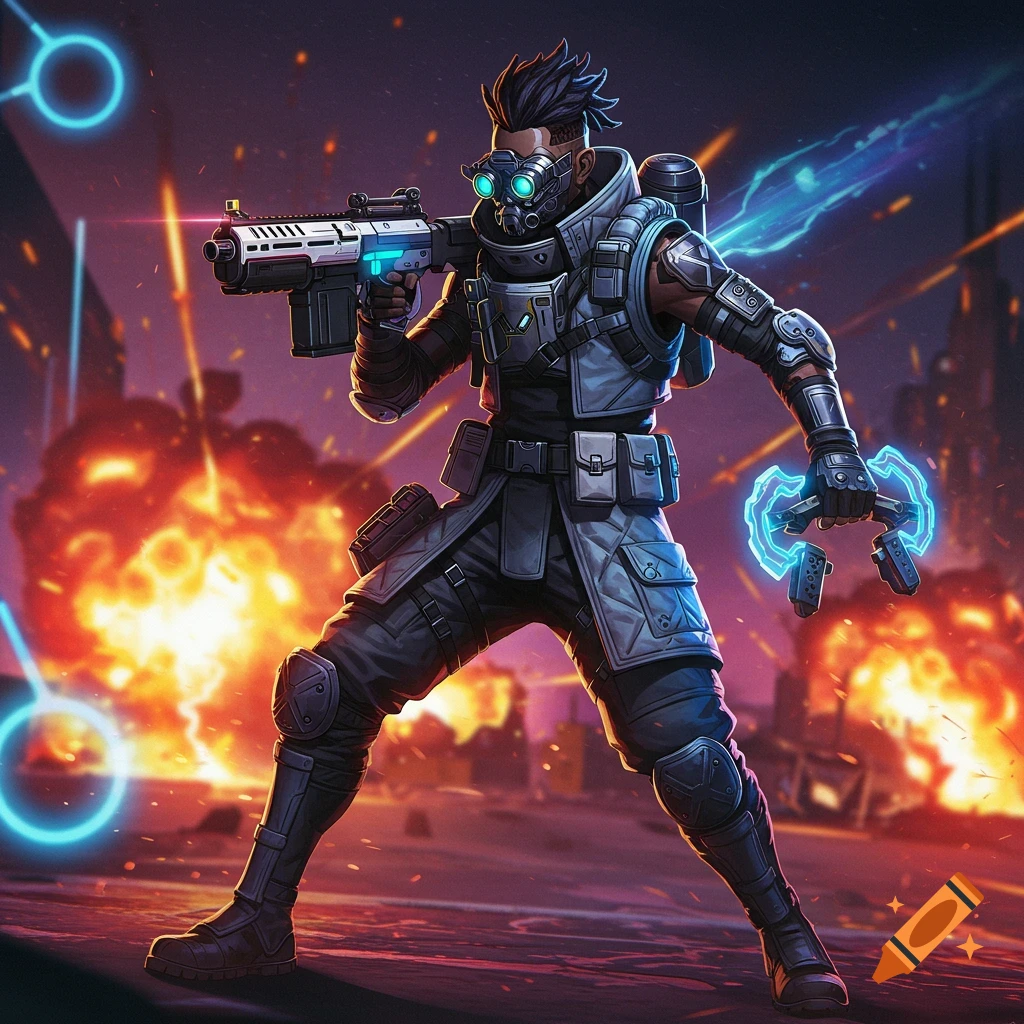 Stylized character in futuristic gear aiming a rifle in a battle scene with explosions.