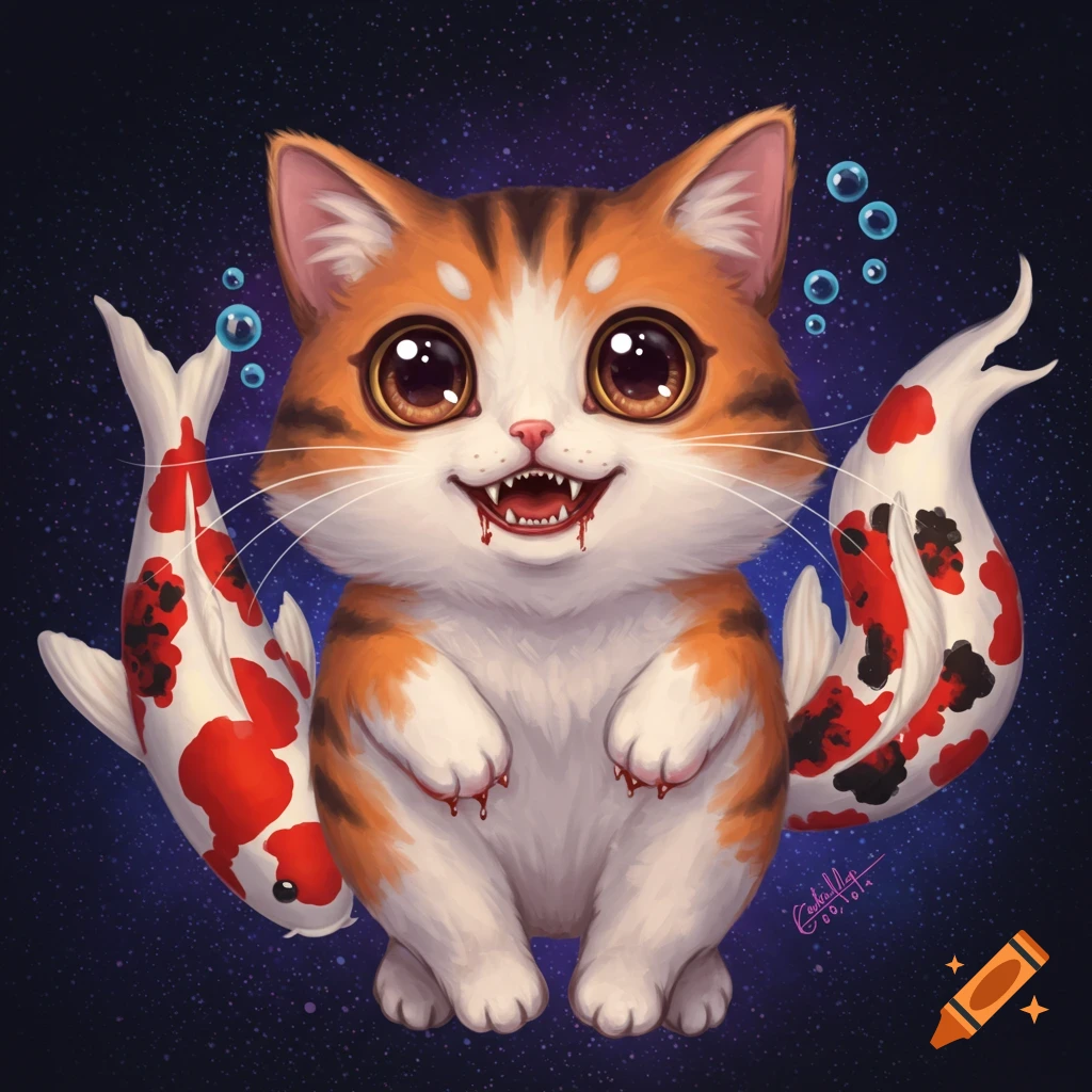 Painting of a cute cartoon cat with fangs and bloody paws, flanked by koi fish tails.