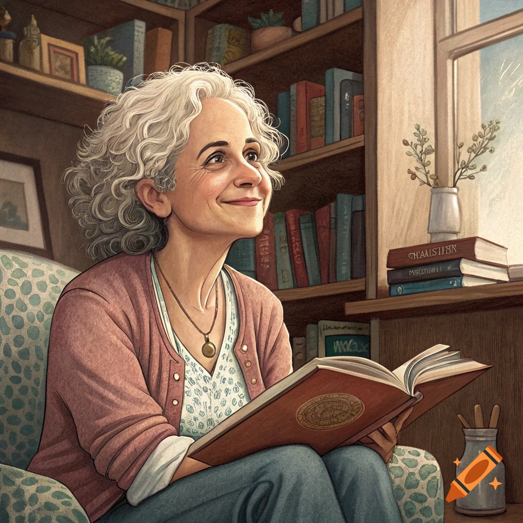An older woman with white curly hair sits in a chair, reading a book, looking up and smiling. Bookshelves are behind her and light streams from a window.