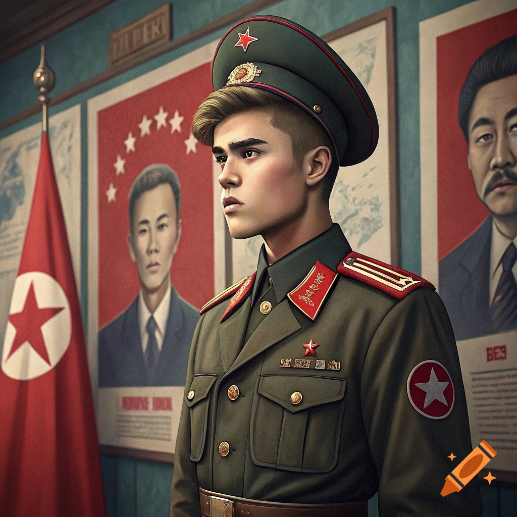 Stylized portrait of a young man in a military uniform in a room with political posters.