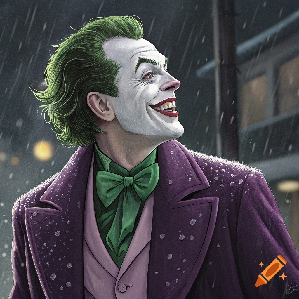 A portrait of the Joker in the rain, wearing a purple suit and green bow tie, looking upwards and smiling.