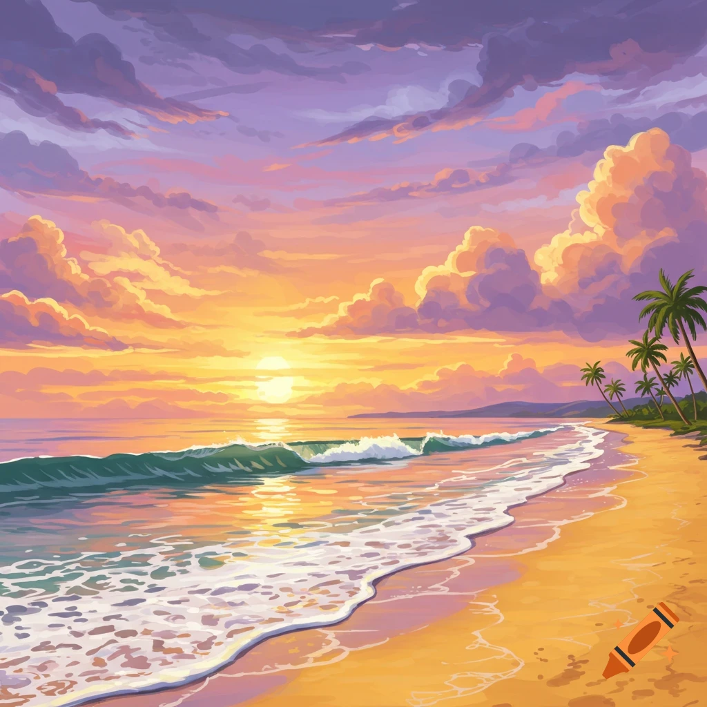 A beach at sunset with palm trees and waves.