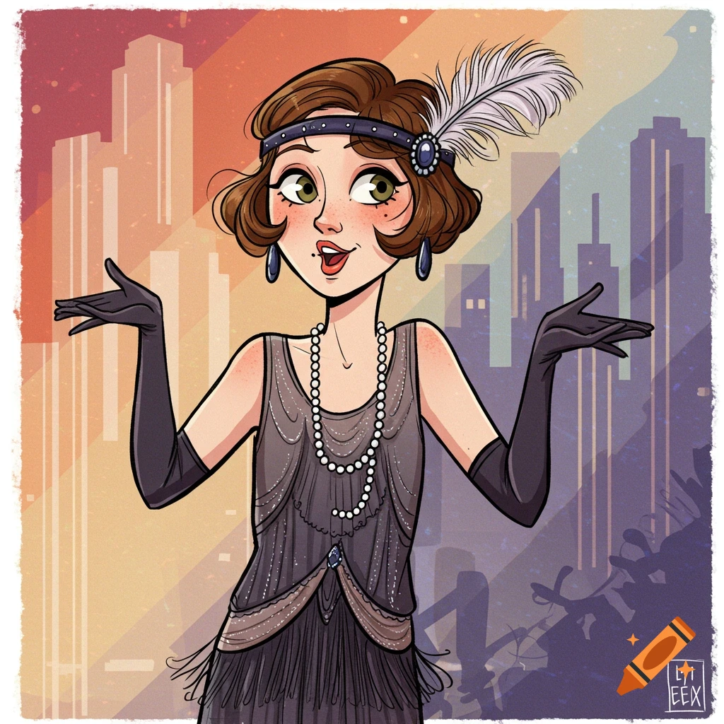 A cartoon illustration of a flapper woman in a dress and feathered headband, with a stylized city skyline behind her.