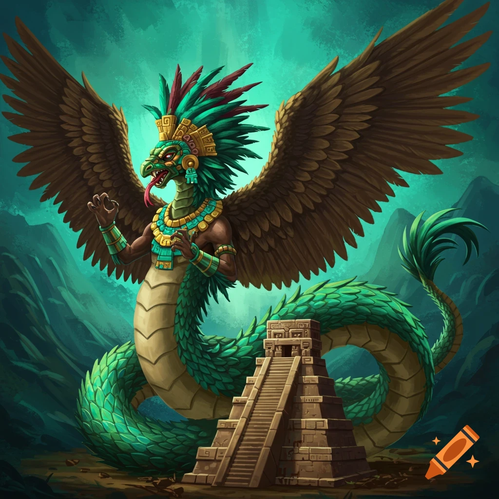 An image of Quetzalcoatl, a feathered serpent god, standing by an ancient pyramid.