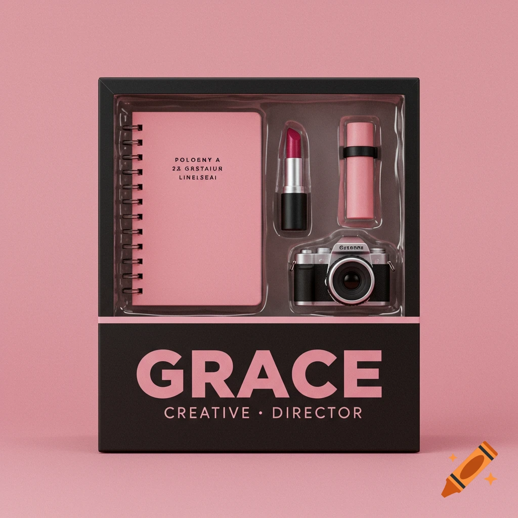 Action figure style box with 'Grace Creative Director' text, containing a pink notebook, lipstick, and camera.