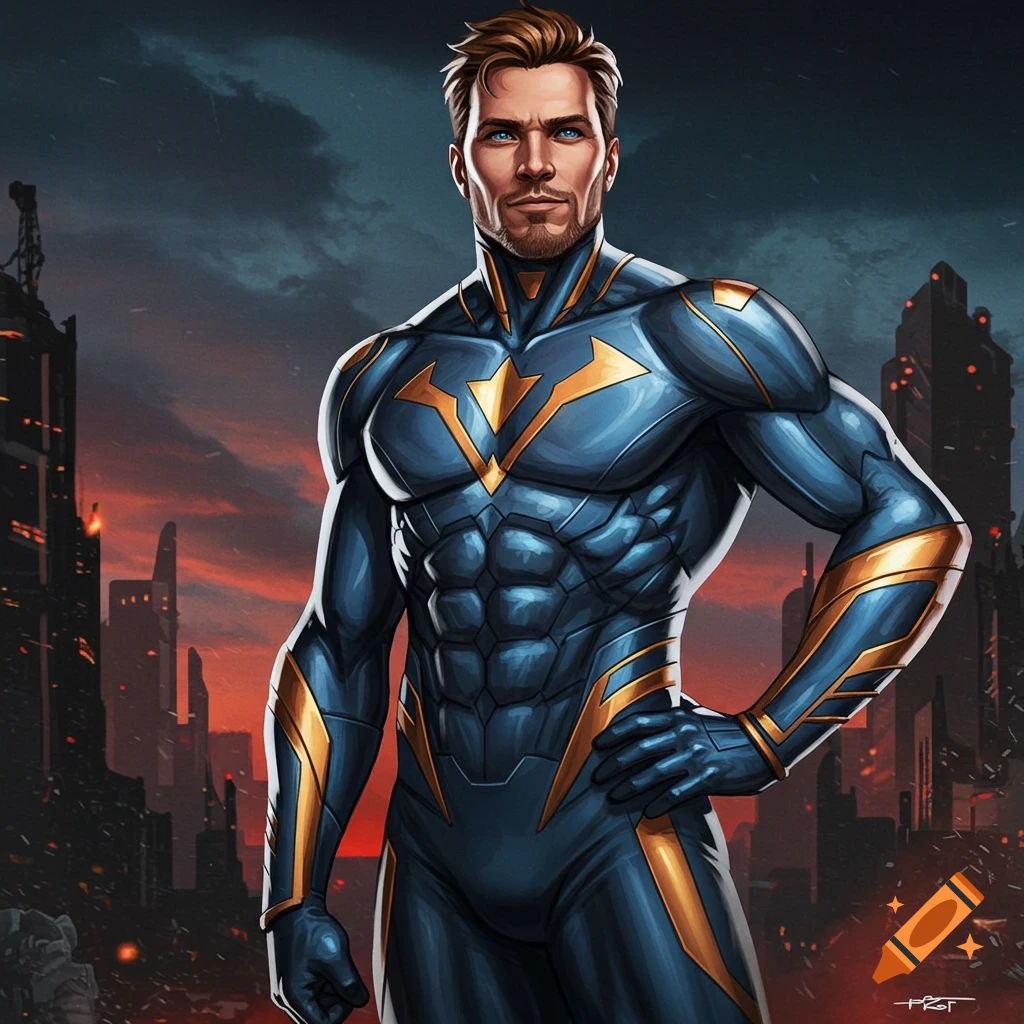 A male superhero in a blue and gold suit stands in a damaged city, digital comic book art.