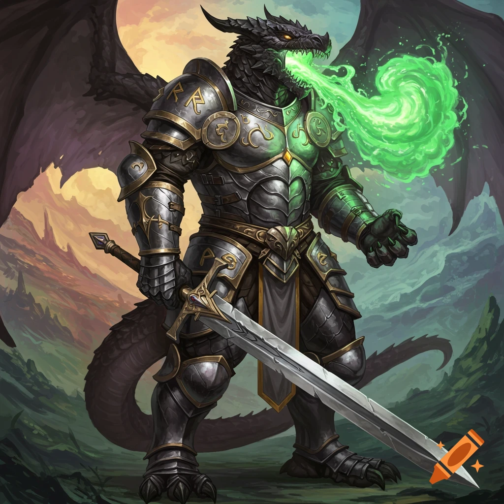 An armored black dragon breathing green gas and holding a sword.