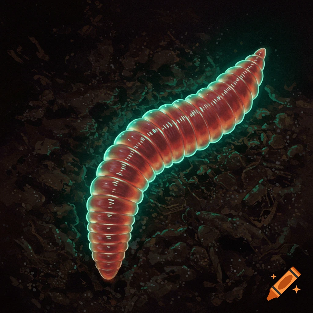 A glowing red worm is in dark soil.