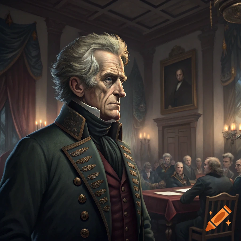 Illustration of Andrew Jackson in a historical meeting room with other figures.