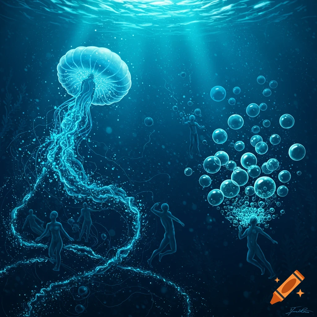 Underwater scene with glowing jellyfish, abstract figures, bubbles, and light rays.