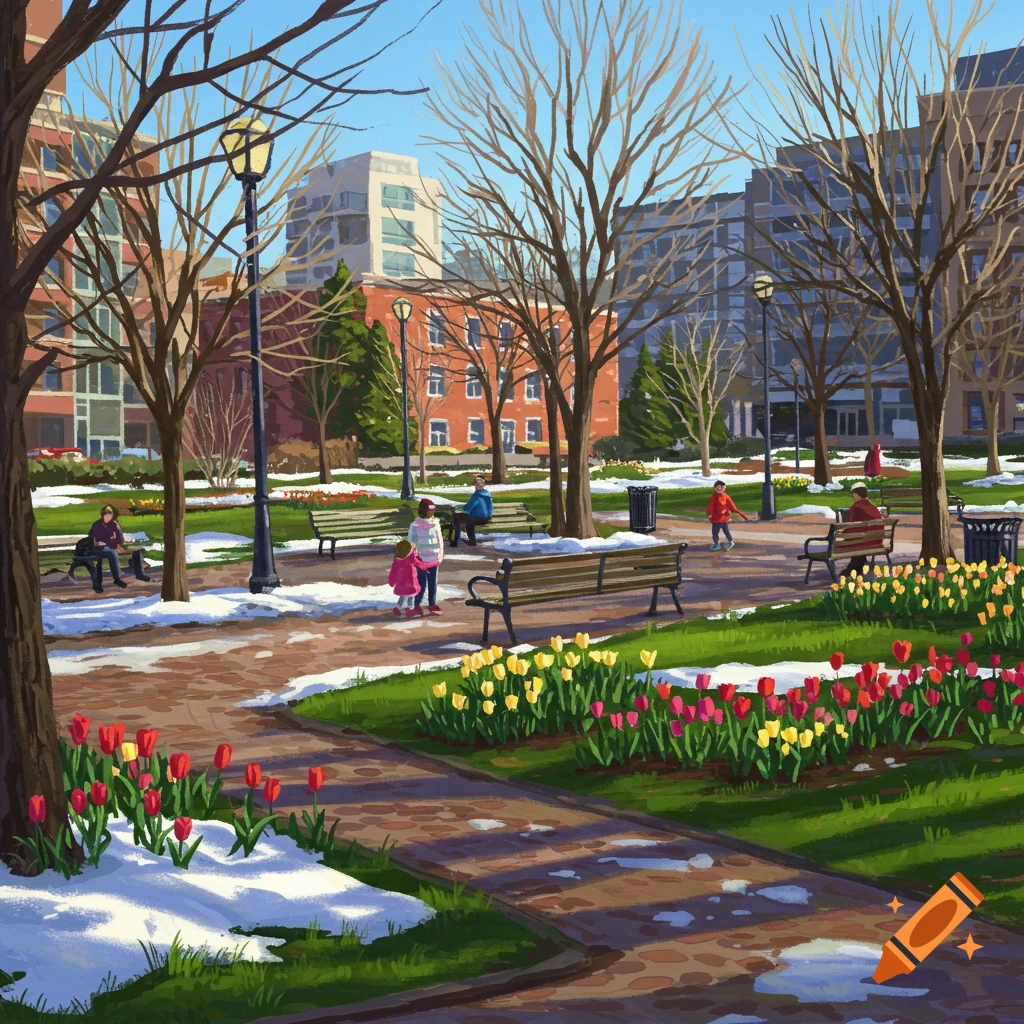 A sunny urban park in spring with melting snow, blooming tulips, and people walking.