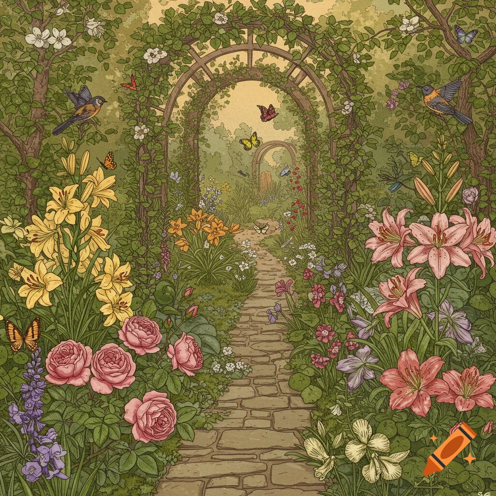 Illustration of a lush garden path under arches, with flowers, birds, and butterflies.
