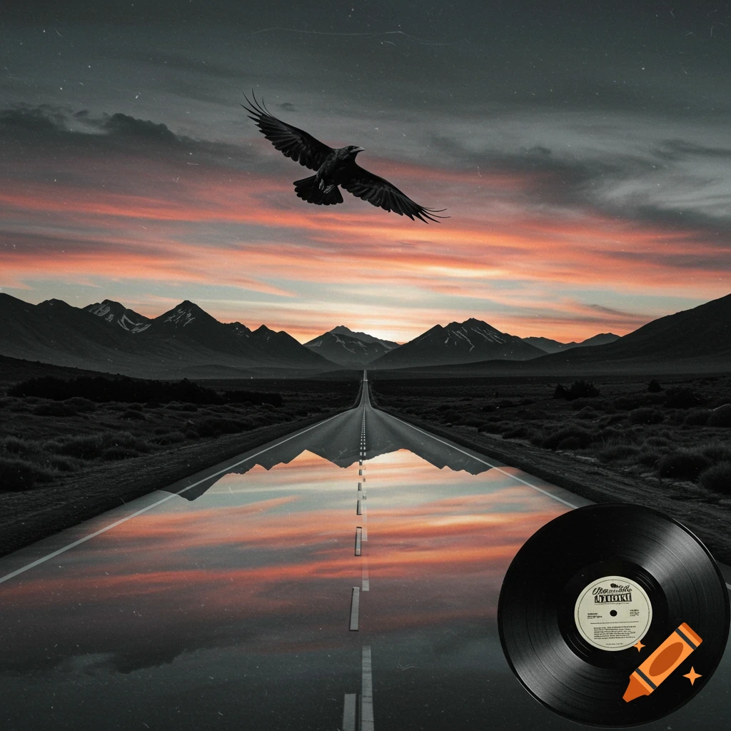 A highway reflects a sunset sky and mountains, with a raven flying above and a vinyl record in the foreground.
