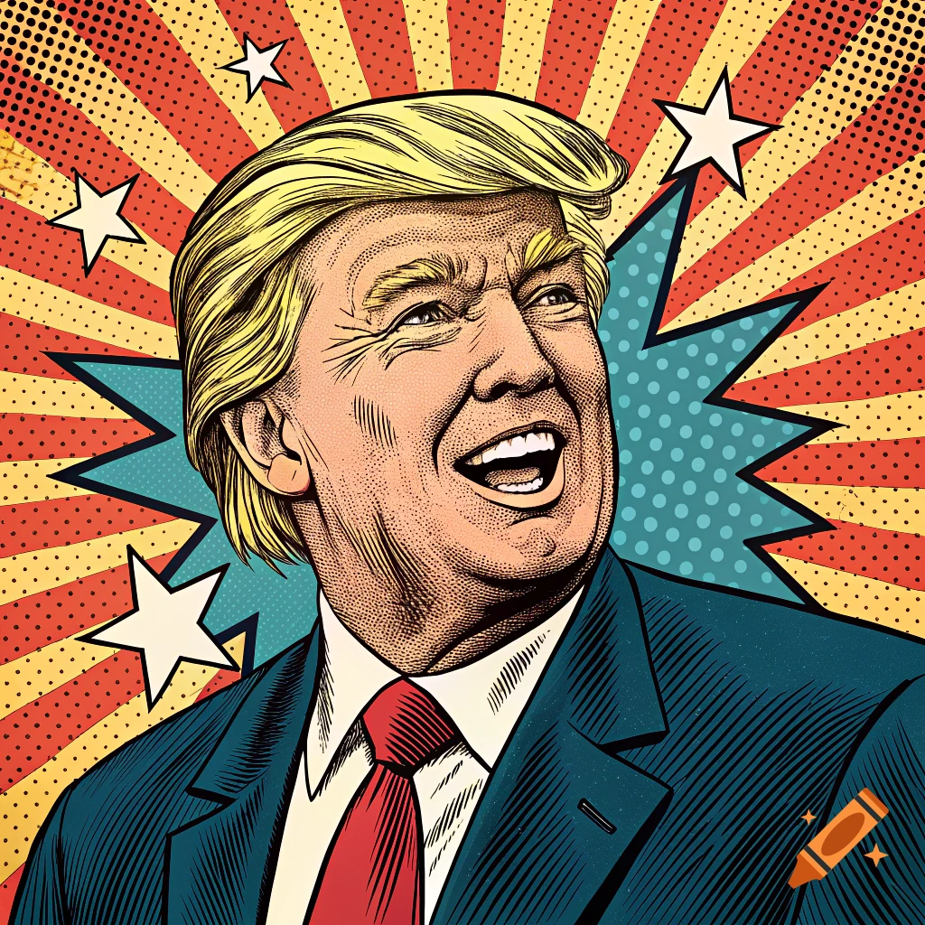 Pop art portrait of Donald Trump smiling with stars and comic book style background.