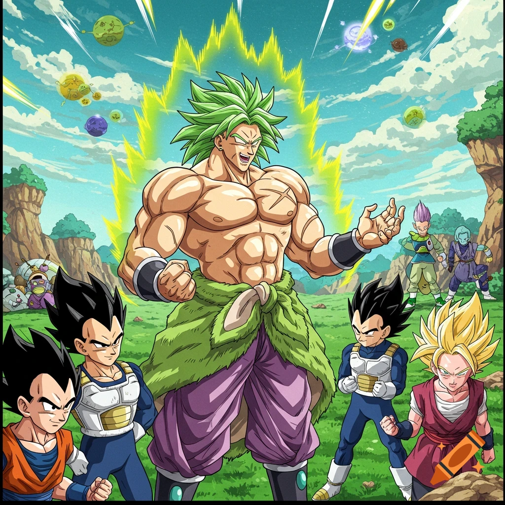 Broly with green aura surrounded by other Dragon Ball characters in a landscape.