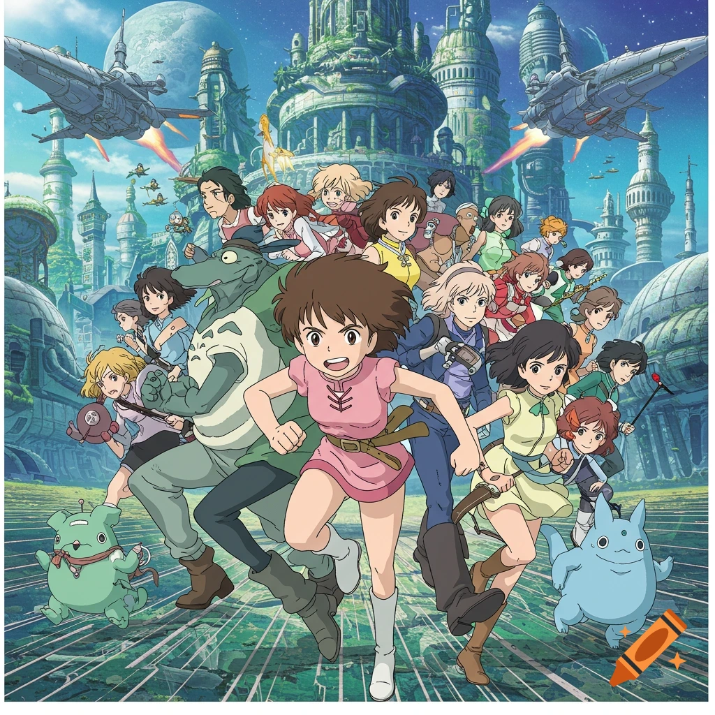 Anime illustration of a large group of characters running through a futuristic city with flying vehicles.