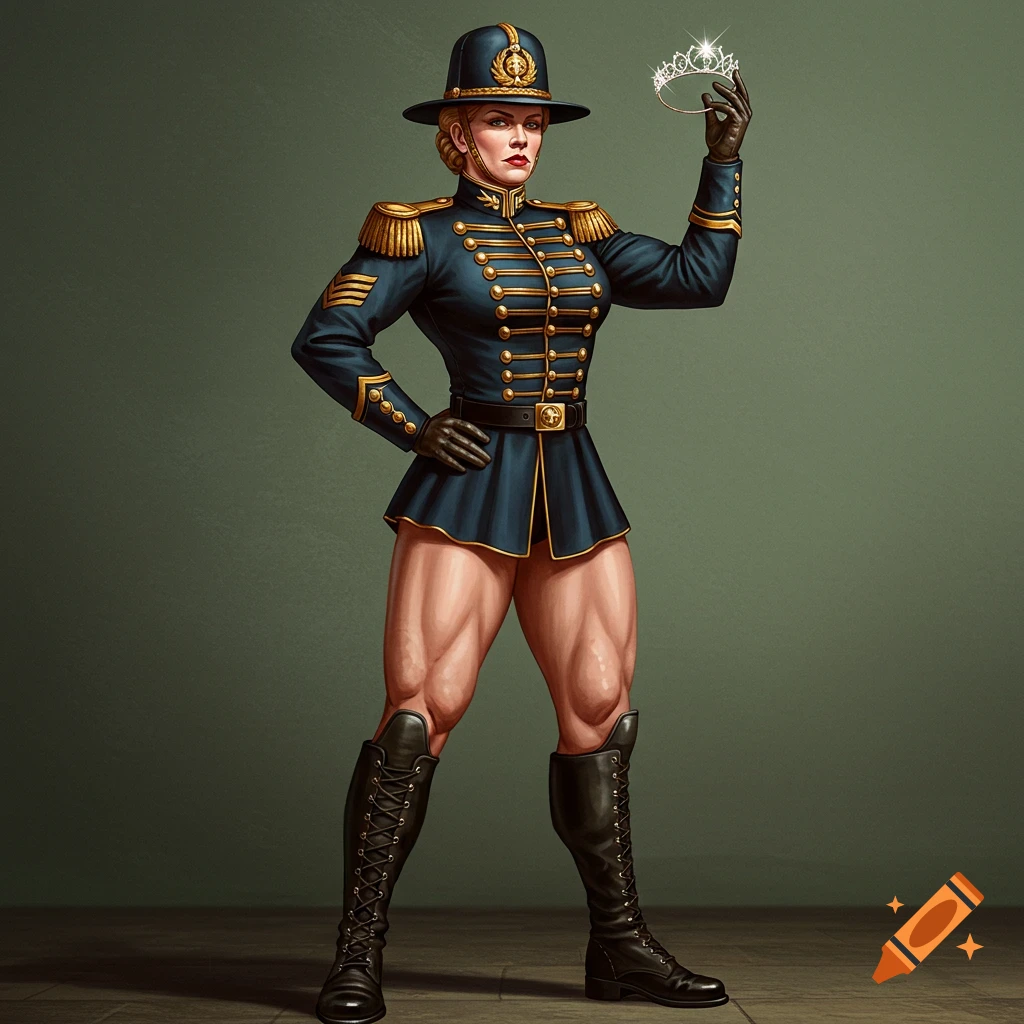 A muscular woman in a drill sergeant uniform holding a tiara.