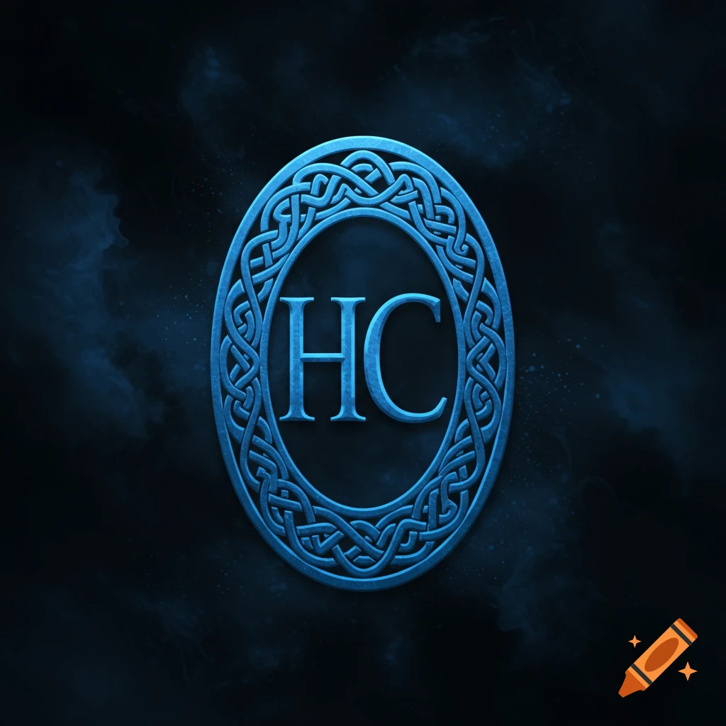 Blue celtic oval logo with HC inside on a smoky dark background.