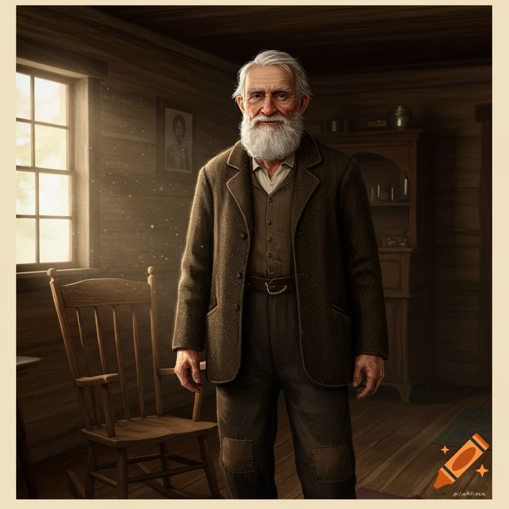An old man with a white beard in a rustic room with a window and rocking chair.