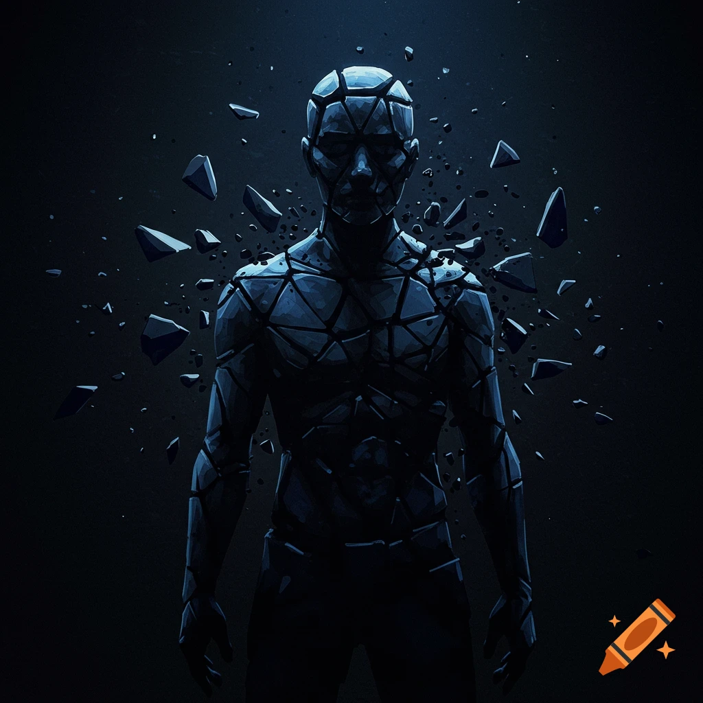 A dark, fragmented human figure shattering into pieces against a dark background.
