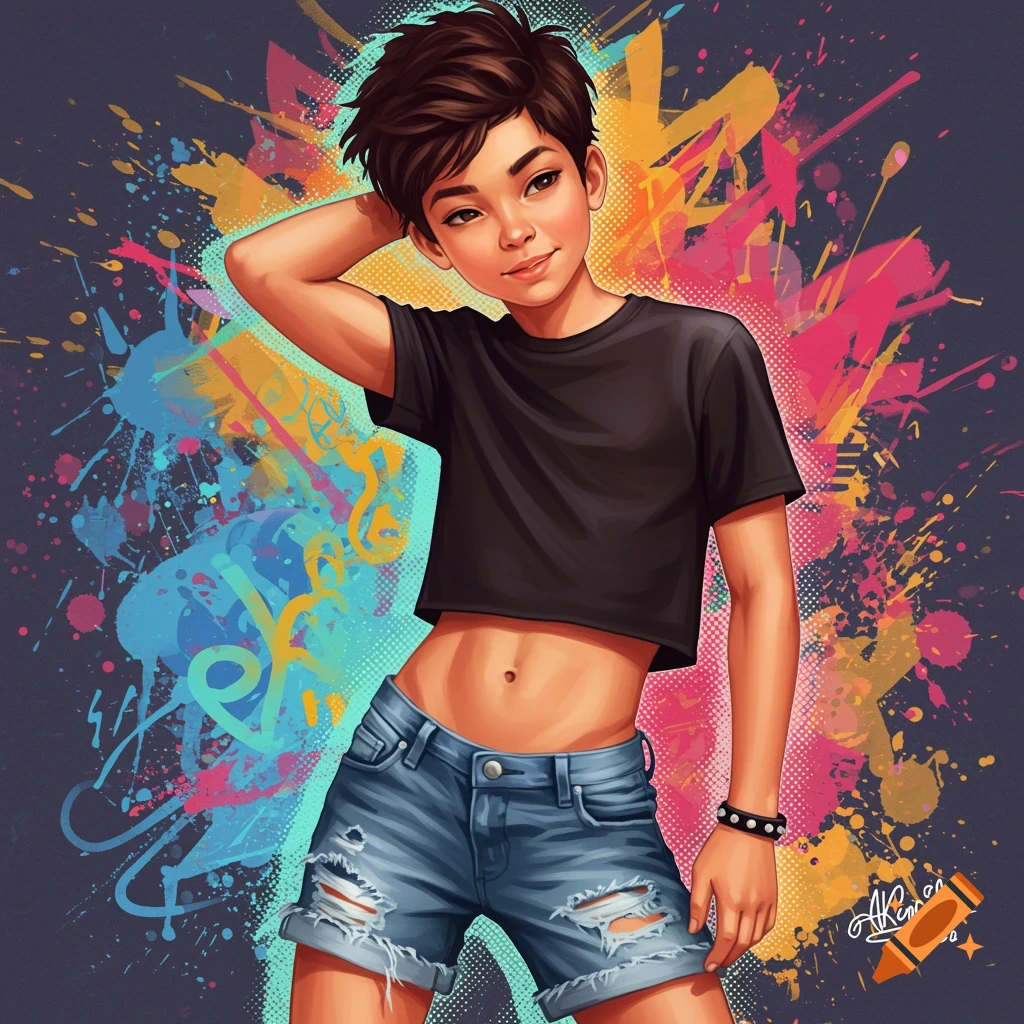 A person with short brown hair in a crop top and ripped shorts against a vibrant graffiti background.