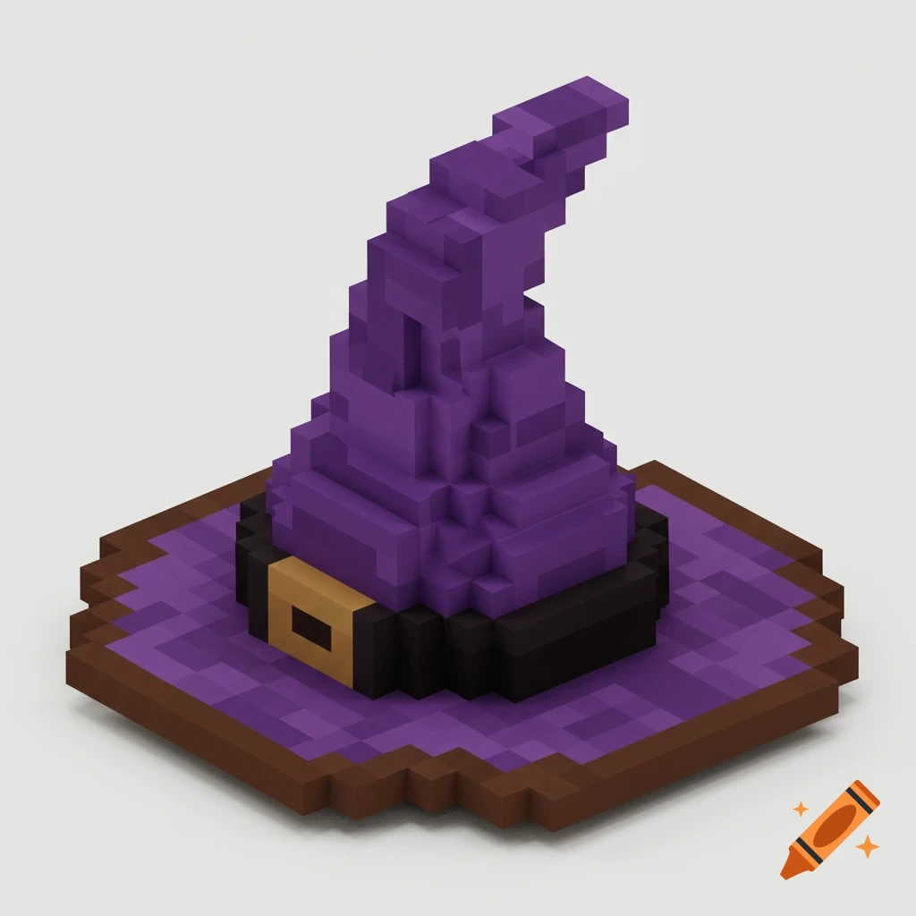 Voxel art of a purple witch hat with a black band and gold buckle.